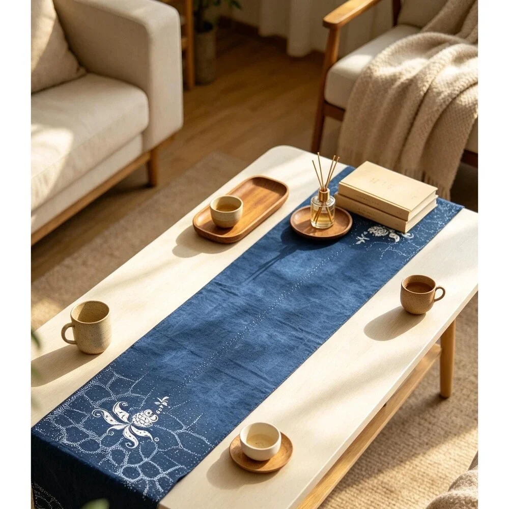 Indigo Batik Goldfish Table Runner | Handmade Cotton Dining Table Decor